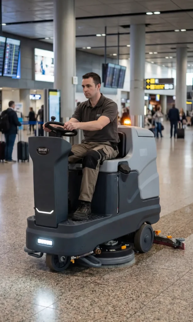 Operador de limpeza a limpar zonas comuns de um aeroporto com a lavadora de pavimentos B700.