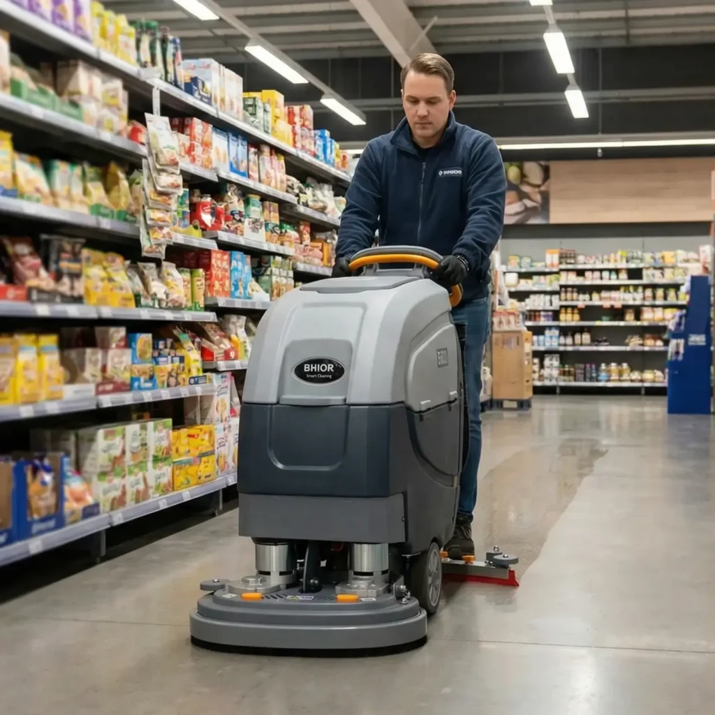 Lavadora de pavimento industrial B600 a limpar um corredor de supermercado.
