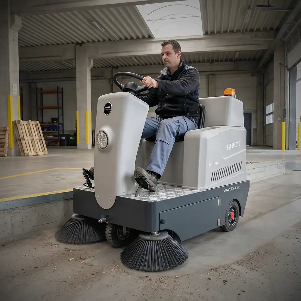 Varredora BS1150 da Bhior a limpar sujidade do chão num armazém.