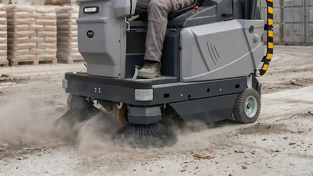 Barredora industrial BS1300HXL limpiando suelo en industria de la construcción.