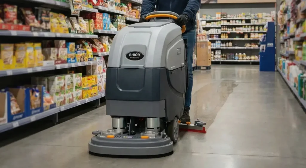 Operario con fregadora industrial limpiando pasillos de un supermercado.