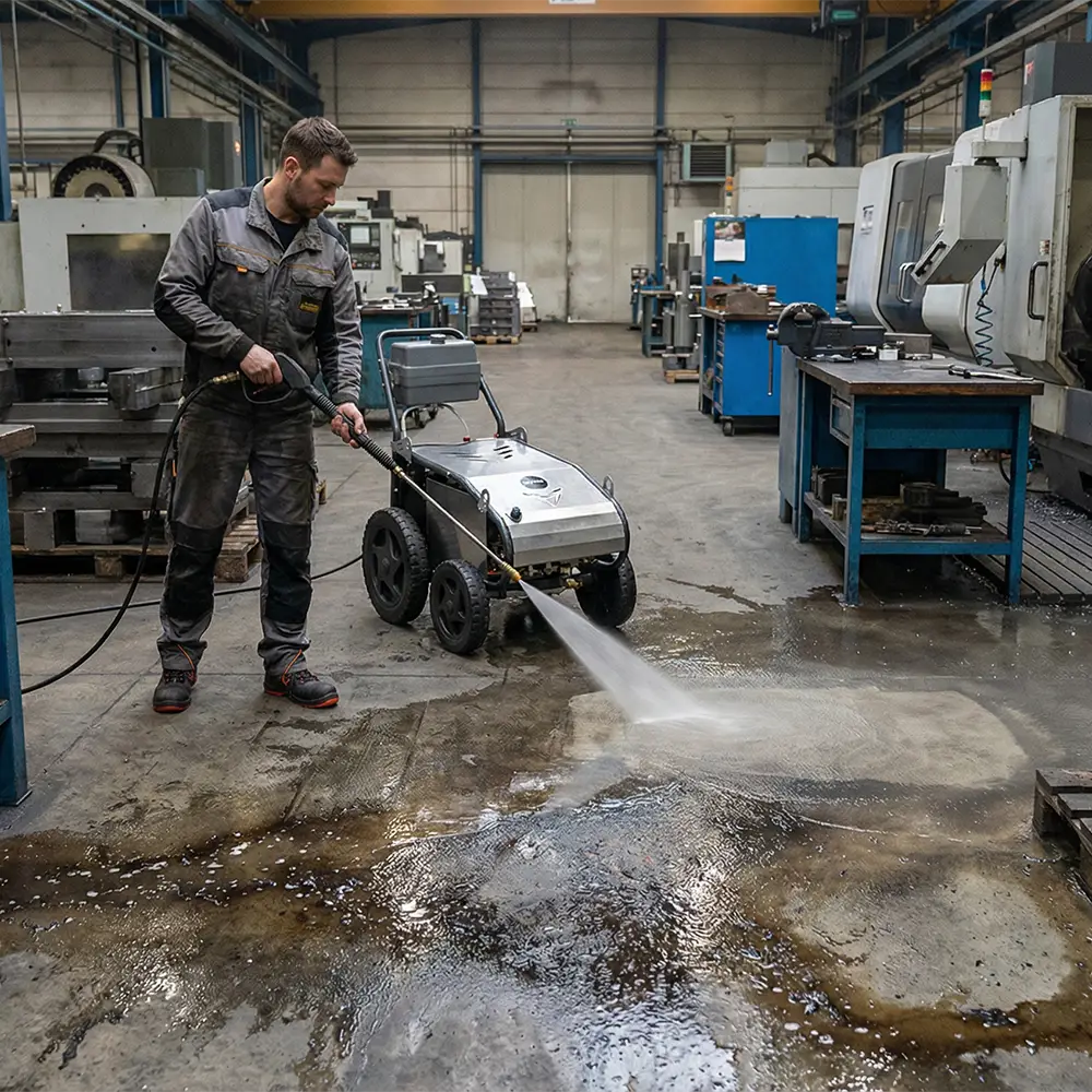 Hidrolimpiadora industrial quitando grasa en suelo de industria.