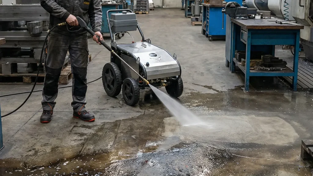 Operario limpiando suelo con grasa en industria metalúrgica.