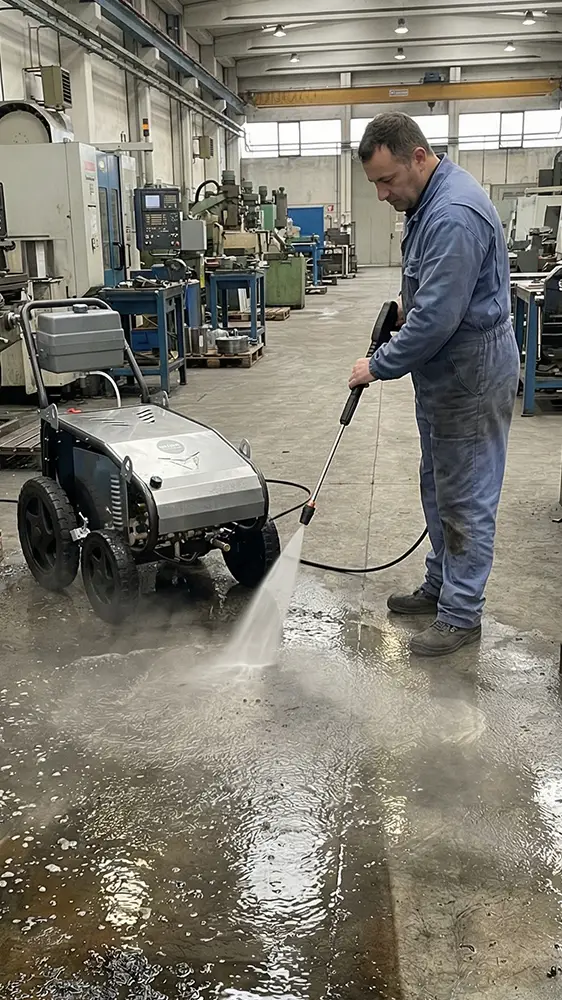 Limpieza de aceite de corte en superficie con hidrolimpiadora de agua caliente.
