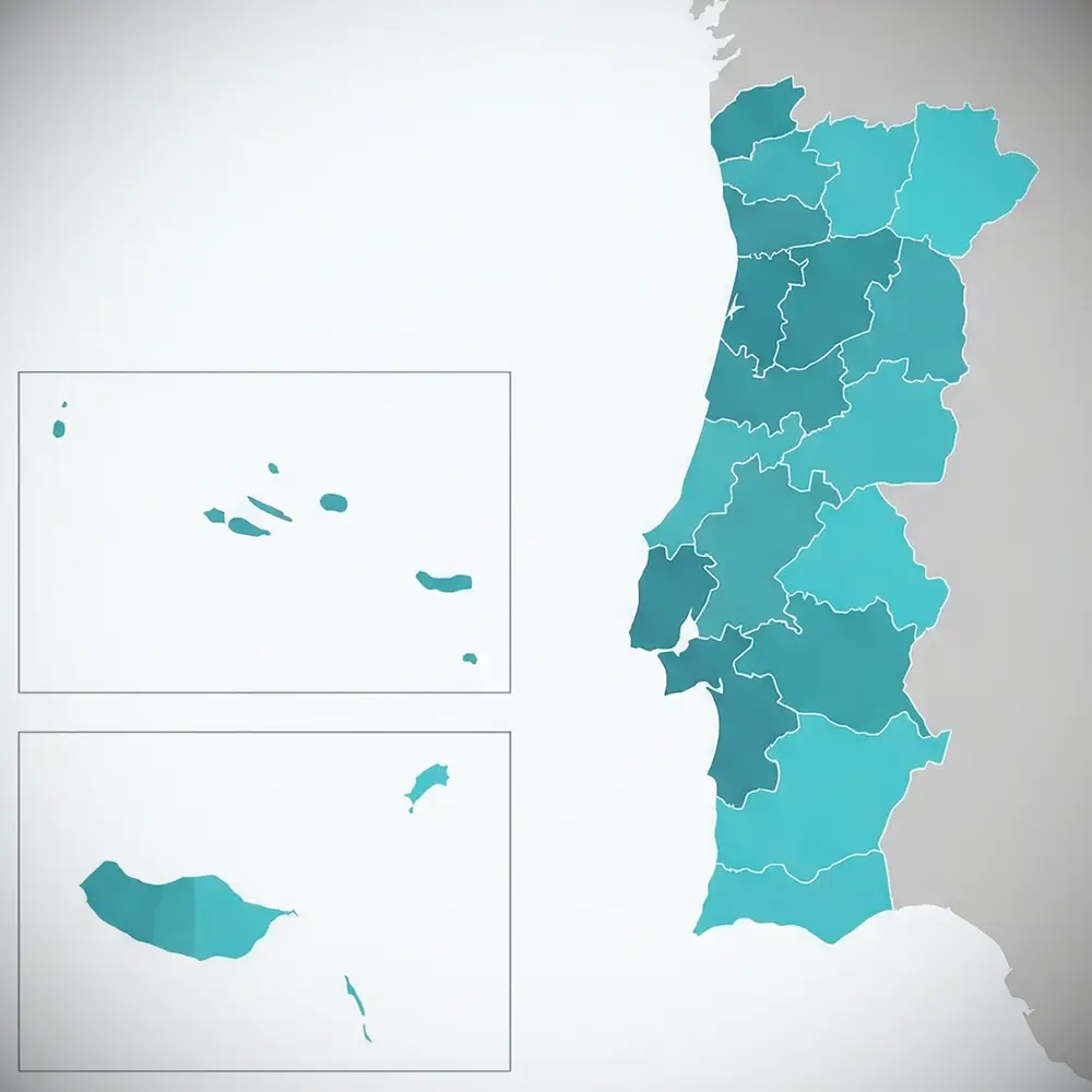 Mapa de Portugal por distritos com as cores corporativas da Bhior.