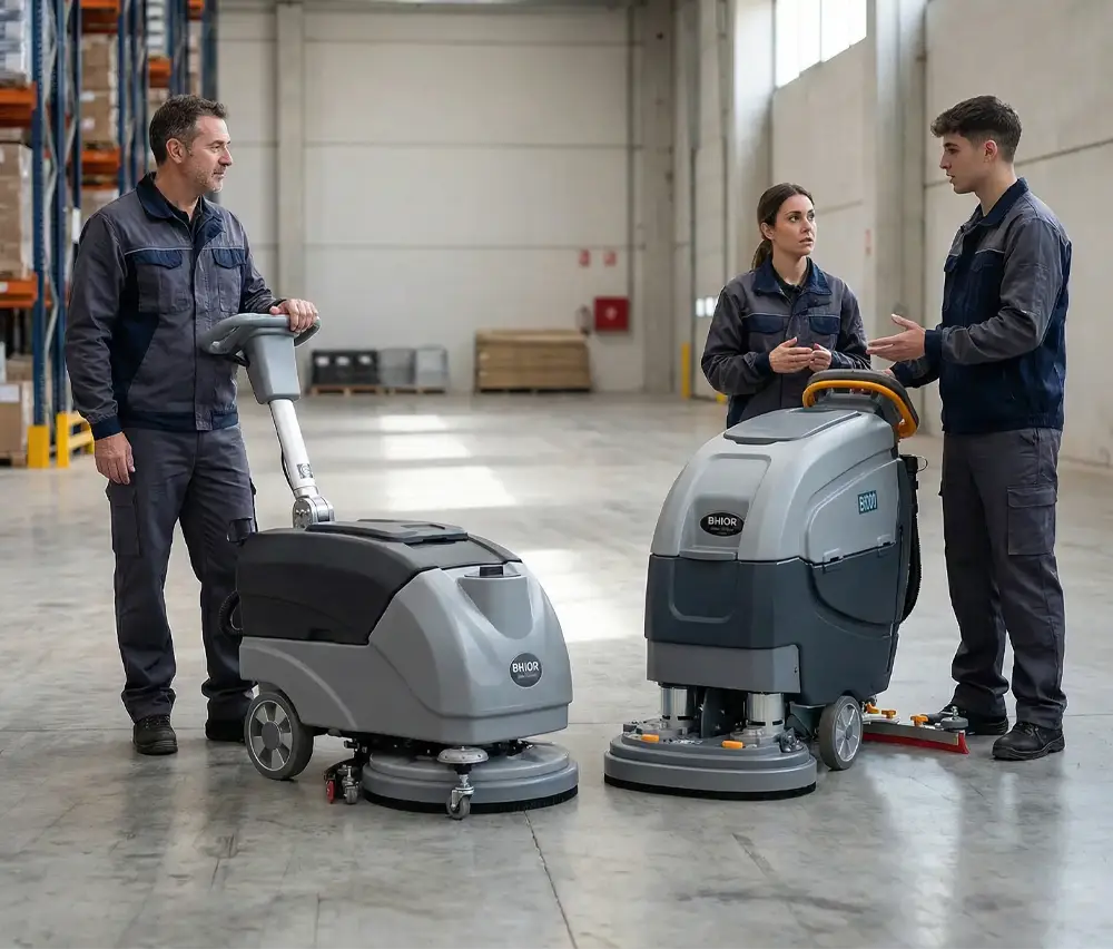 Operarios de limpieza industrial trabajando con maquinaria de alquiler bhior.
