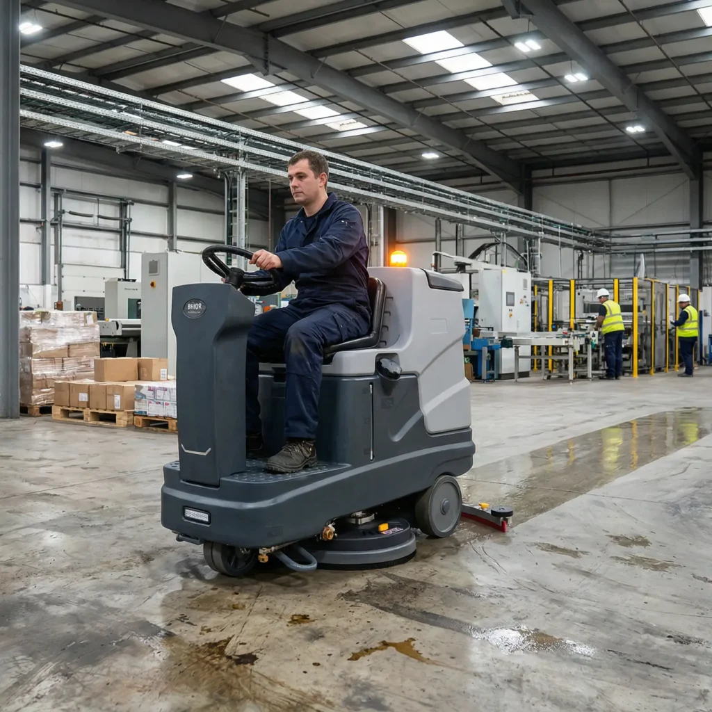 Fregadora industrial con operario a bordo limpiando industria.