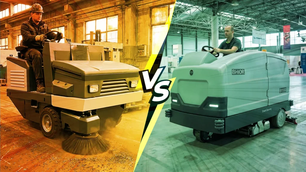 Imagen de portada para blog donde se muestra una barredora industrial Bhior enfrentada a una fregadora.