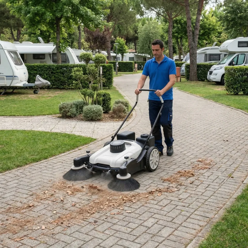 Barredora para exterior BS980w limpiando caminos peatonales de camping.