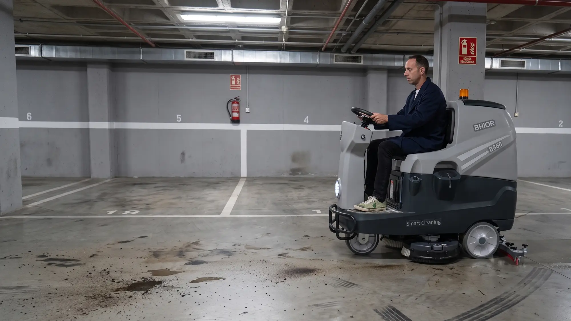 Limpieza de parking con fregadora industrial B860 de Bhior